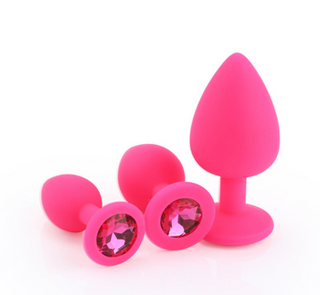 KIT PLUG ANAL SILICONA FUCSIA CON JOYA ROSA