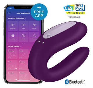 VIBRADOR PARA PAREJAS CON APP SATISFYER DOUBLE JOY MORADO.